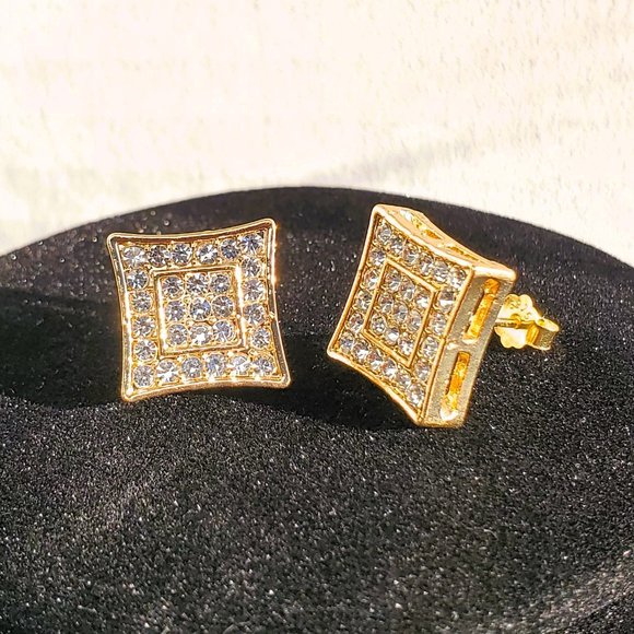Mens 2ct Diamond 18K Gold Square Earrings Studs Silver Guys Jewelry 2 ct 18 K - Picture 1 of 7